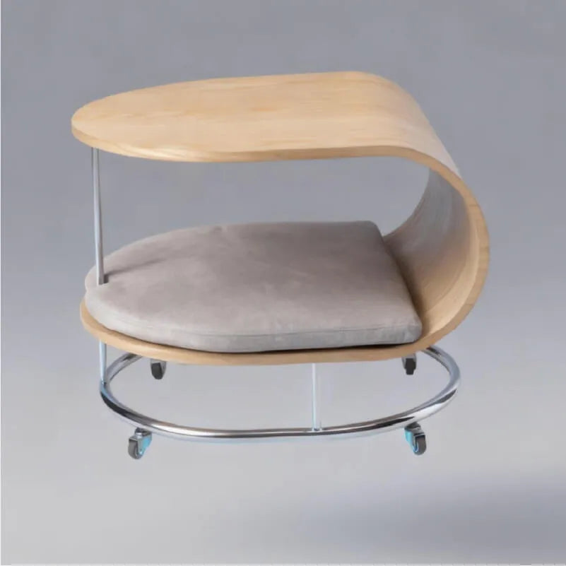 Sculptural Beech Wood Cat End Table With Rolling Chrome Base