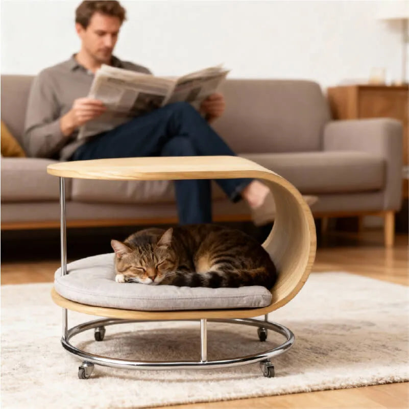 Sculptural Beech Wood Cat End Table With Rolling Chrome Base サブ画像