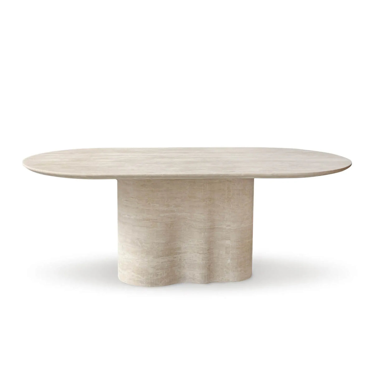 Sculptural Beige Travertine Dining Table with Oval Top and Pedestal Base