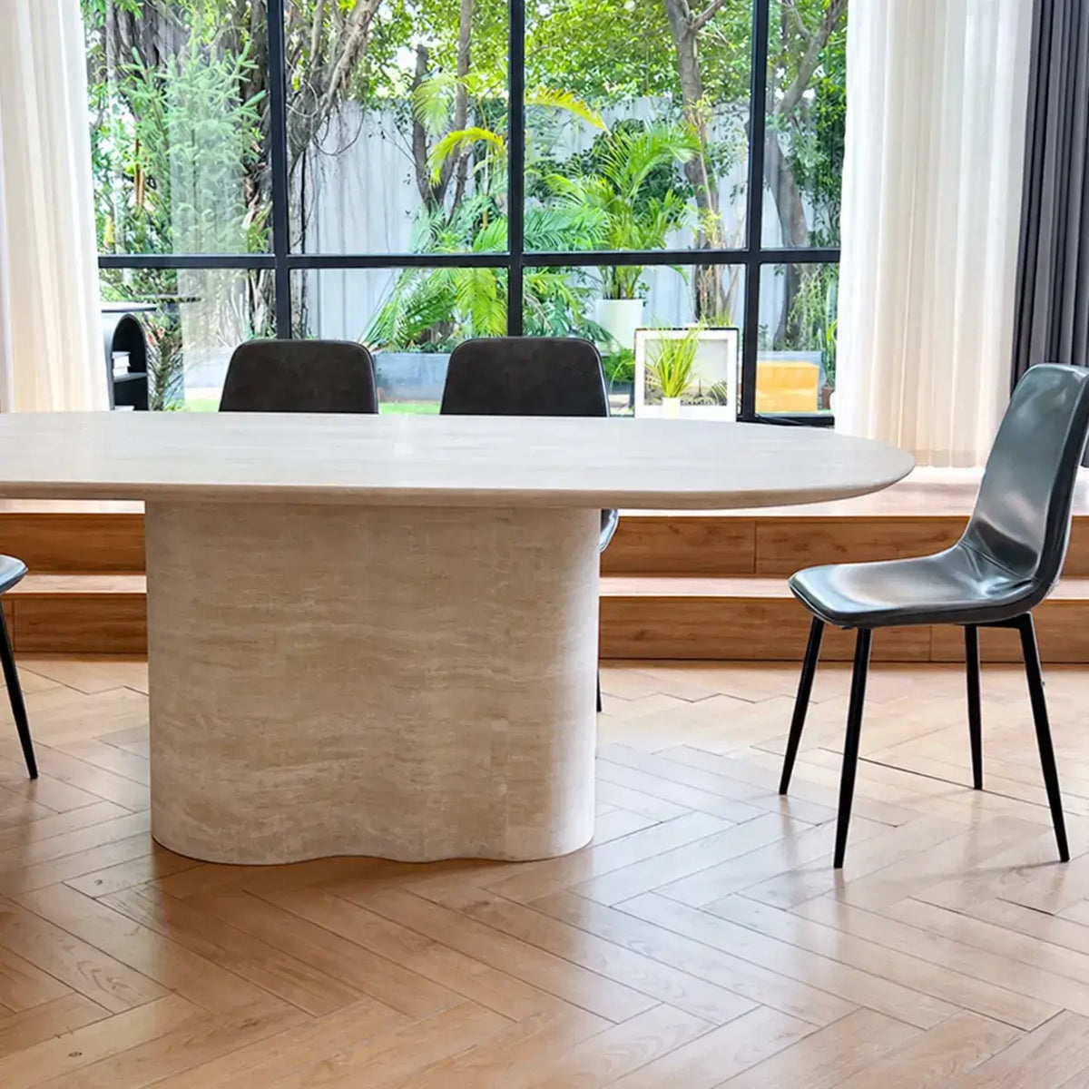Sculptural Beige Travertine Dining Table with Oval Top and Pedestal Base