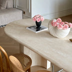 Sculptural Beige Travertine Dining Table with Rounded Oval Top