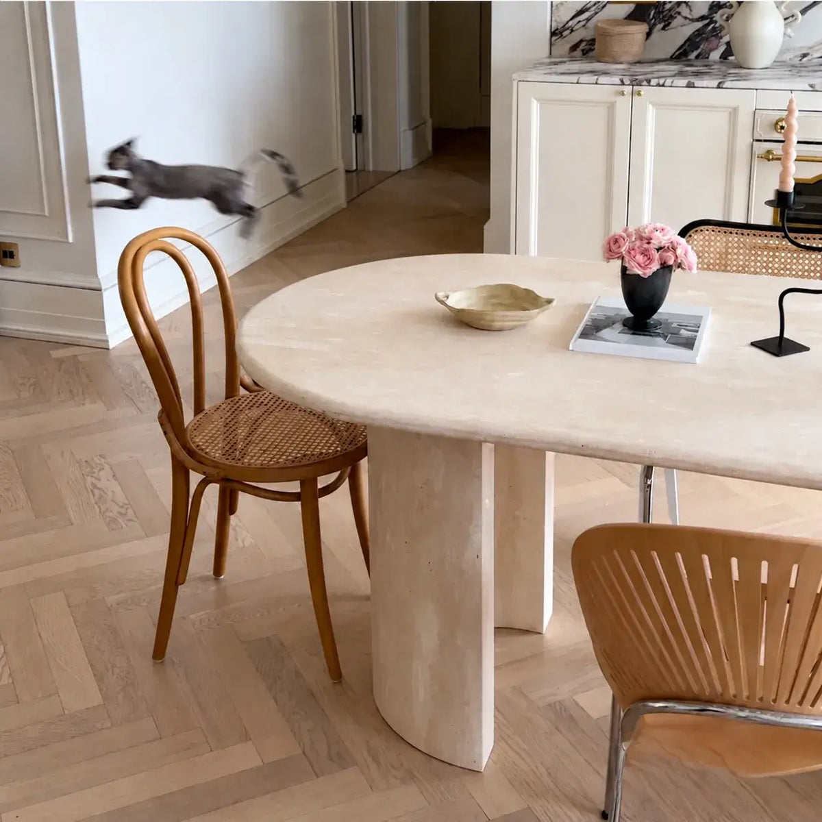 Sculptural Beige Travertine Dining Table with Rounded Oval Top