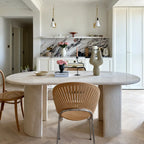Sculptural Beige Travertine Dining Table with Rounded Oval Top