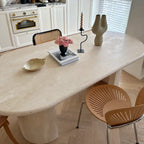 Sculptural Beige Travertine Dining Table with Rounded Oval Top