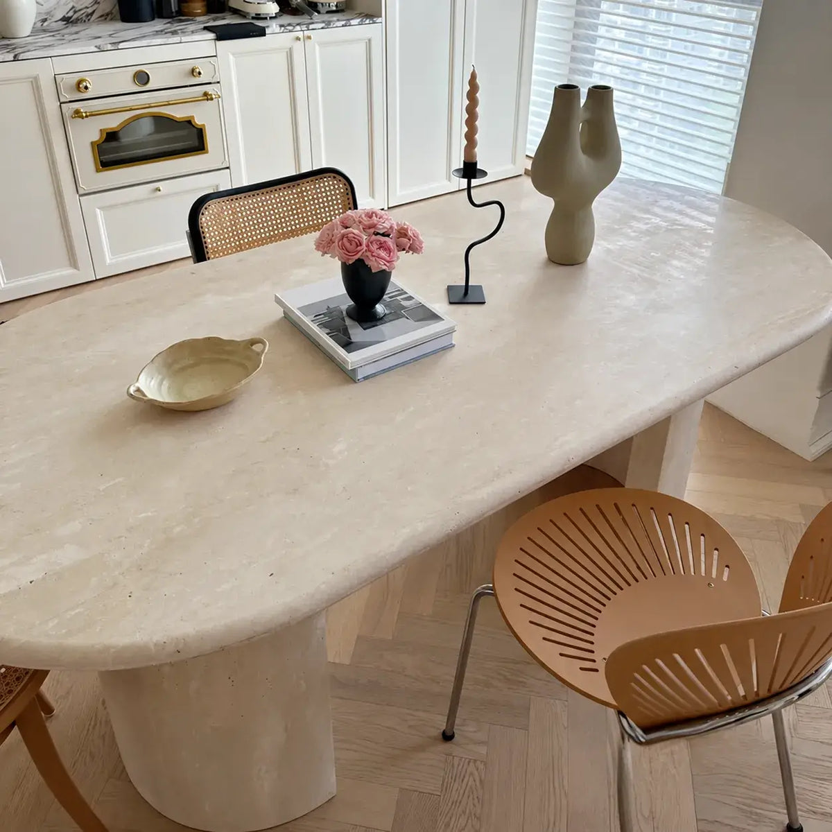 Sculptural Beige Travertine Dining Table with Rounded Oval Top