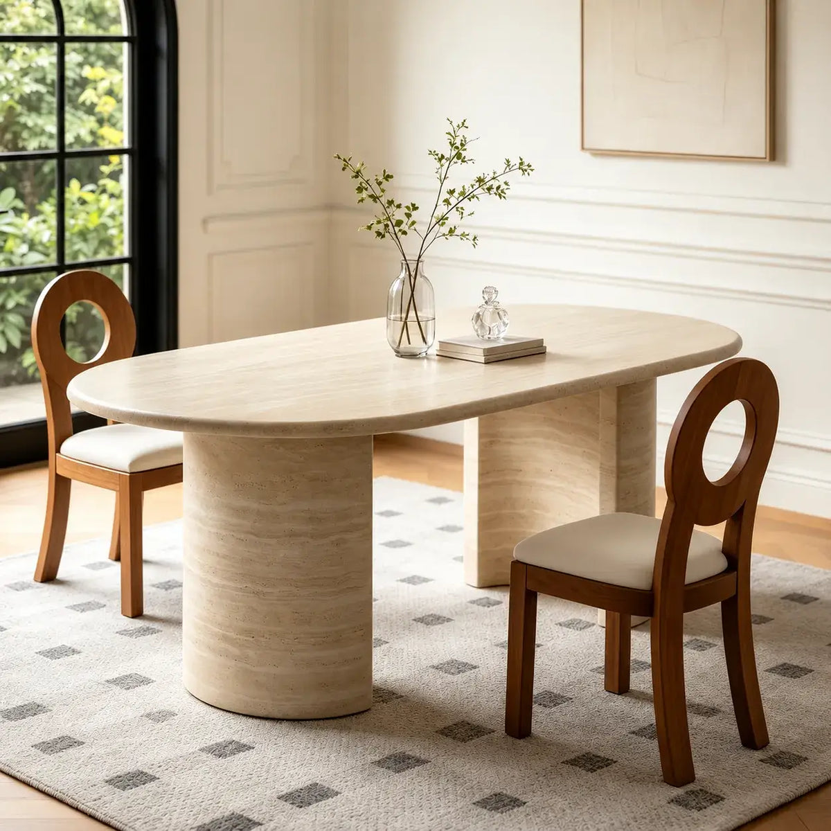 Sculptural Beige Travertine Dining Table with Rounded Oval Top Main Product Image Imagen principal del producto