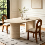 Sculptural Beige Travertine Dining Table with Rounded Oval Top Main Product Image