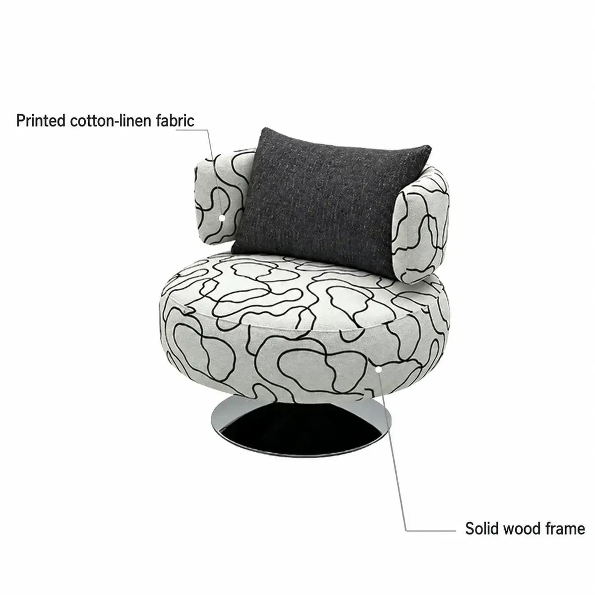Sculptural Black White Printed Linen Swivel Chair With Curved Shelter Silhouette