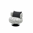 Sculptural Black White Printed Linen Swivel Chair With Curved Shelter Silhouette