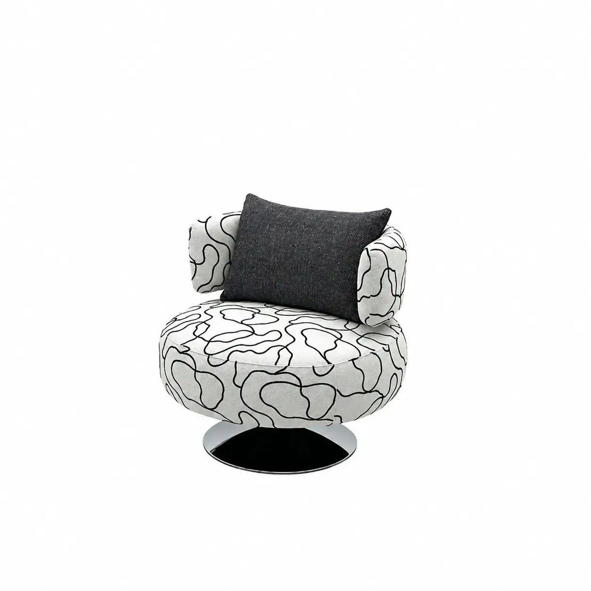Sculptural Black White Printed Linen Swivel Chair With Curved Shelter Silhouette
