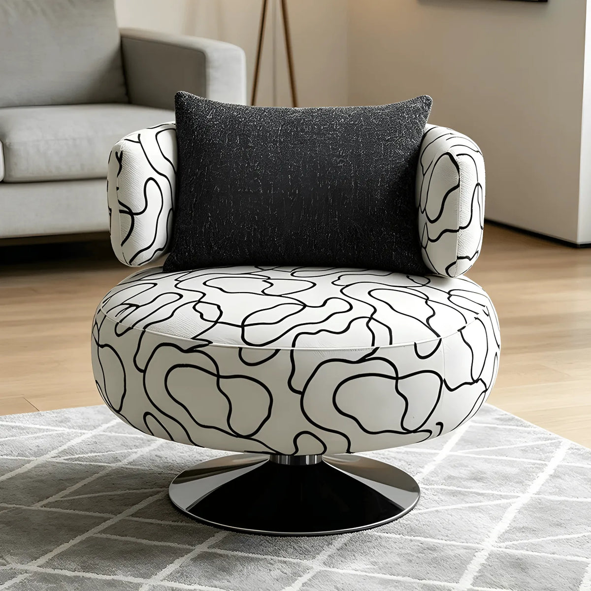 Sculptural Black White Printed Linen Swivel Chair With Curved Shelter Silhouette