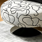 Sculptural Black White Printed Linen Swivel Chair With Curved Shelter Silhouette