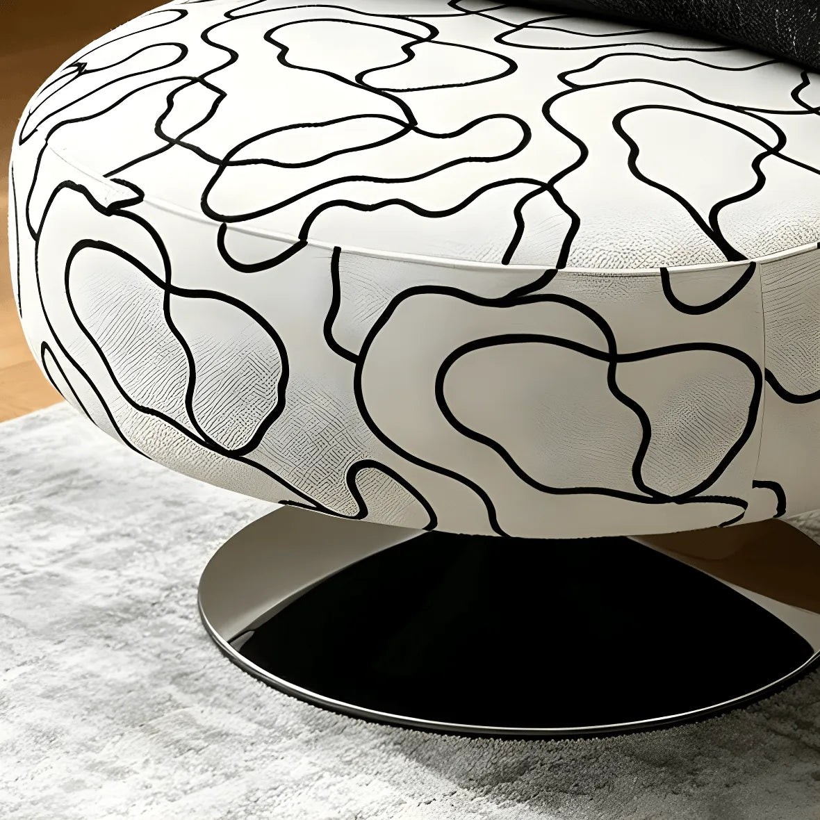 Sculptural Black White Printed Linen Swivel Chair With Curved Shelter Silhouette