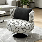 Sculptural Black White Printed Linen Swivel Chair With Curved Shelter Silhouette