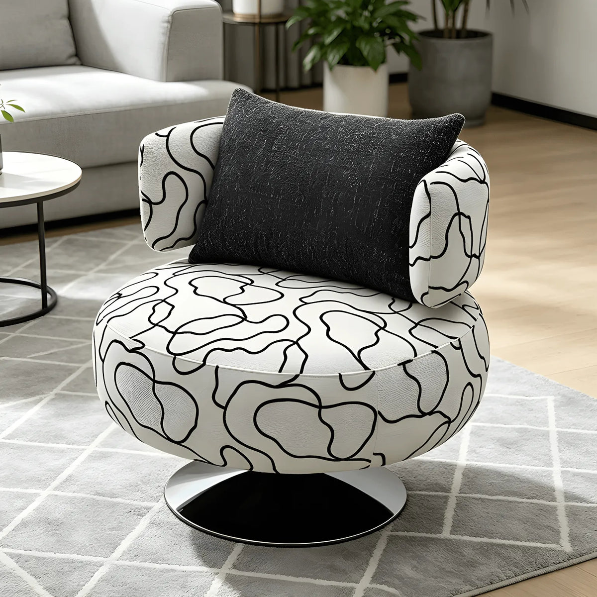 Sculptural Black White Printed Linen Swivel Chair With Curved Shelter Silhouette