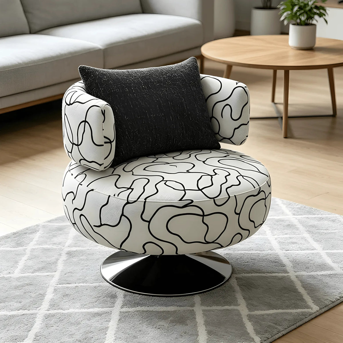 Sculptural Black White Printed Linen Swivel Chair With Curved Shelter Silhouette Main Product Image