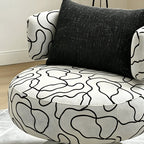 Sculptural Black White Printed Linen Swivel Chair With Curved Shelter Silhouette