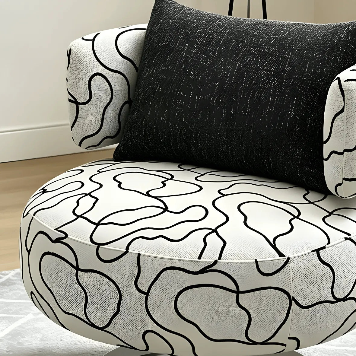 Sculptural Black White Printed Linen Swivel Chair With Curved Shelter Silhouette