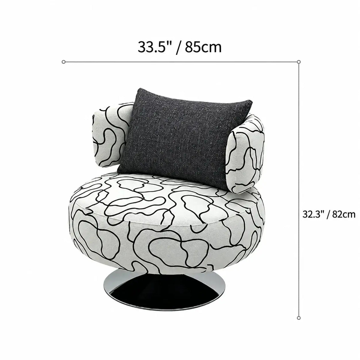 Sculptural Black White Printed Linen Swivel Chair With Curved Shelter Silhouette Dimensions