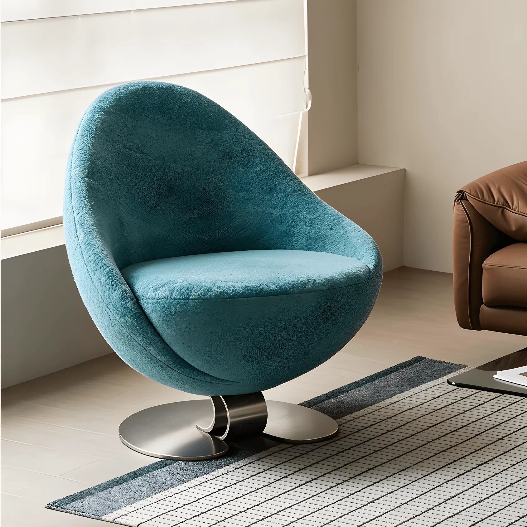 Chaise d'appoint sculpturale bleu-vert avec coque en tricot incurvée et base en acier Image secondaire du produit
