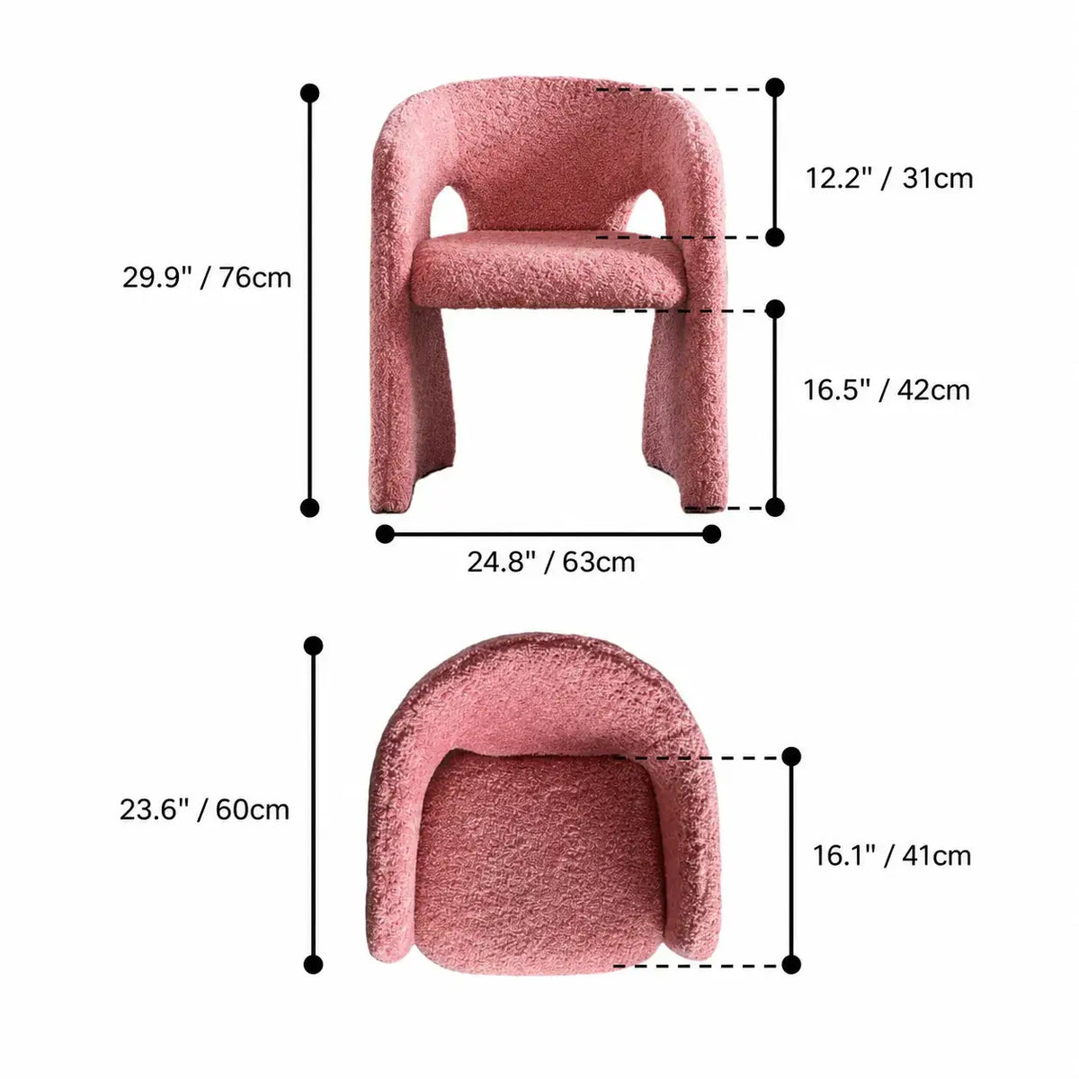 Sculptural Bouclé Accent Chair Series with Arched Back in Lavender, Coral Pink and Cool Black Dimensions