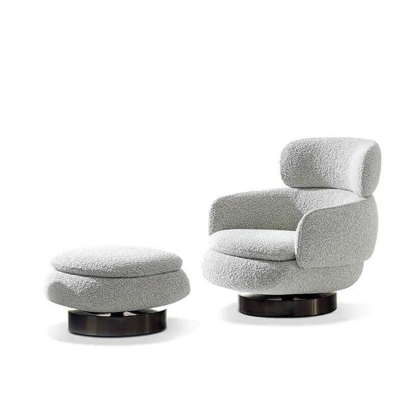 Sculptural Boucle Accent Chair Series With Swivel Steel Base and Ottoman