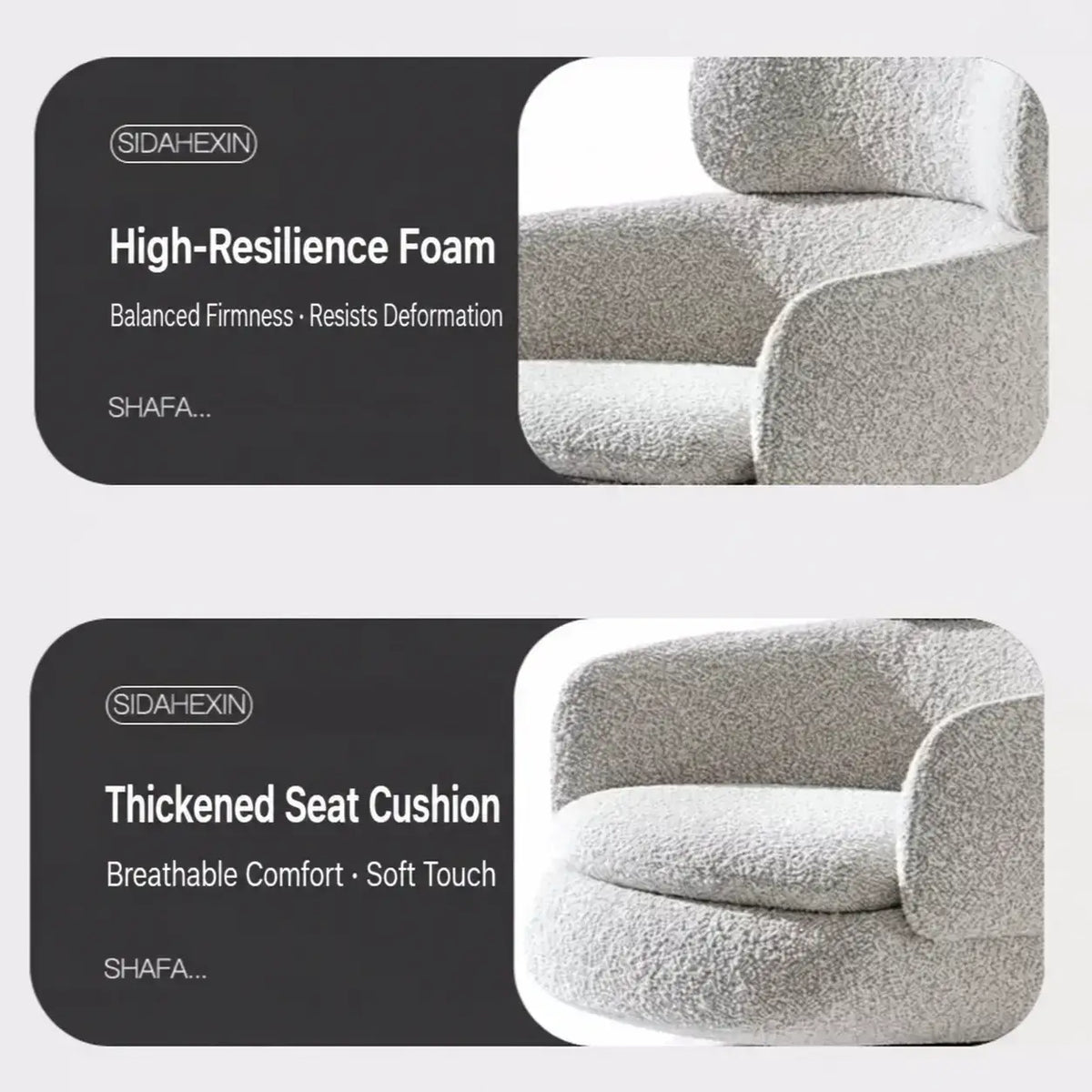 Sculptural Boucle Accent Chair Series With Swivel Steel Base and Ottoman