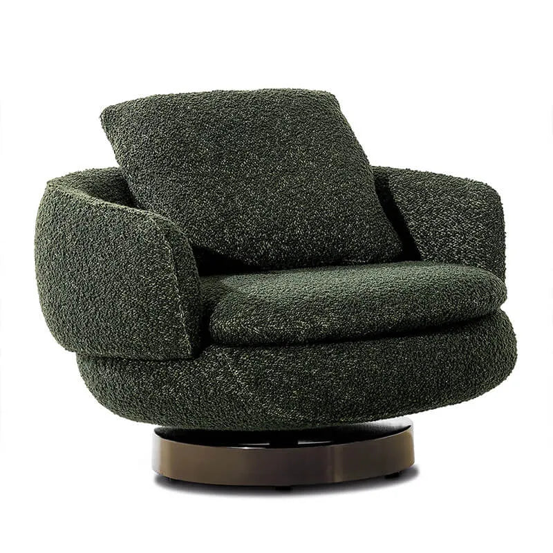 Sculptural Boucle Accent Chair Series With Swivel Steel Base and Ottoman