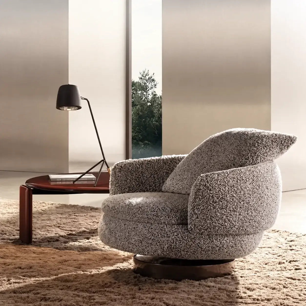 Sculptural Boucle Accent Chair Series With Swivel Steel Base and Ottoman Secondary image