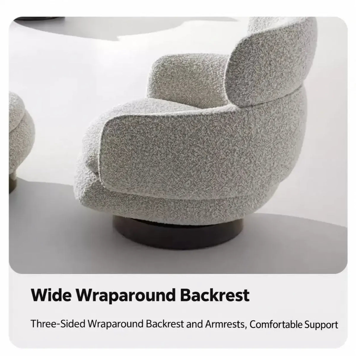 Sculptural Boucle Accent Chair Series With Swivel Steel Base and Ottoman