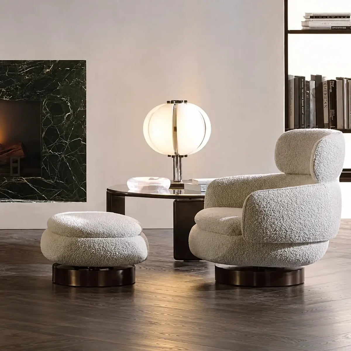 Sculptural Boucle Accent Chair Series With Swivel Steel Base and Ottoman Main Product Image