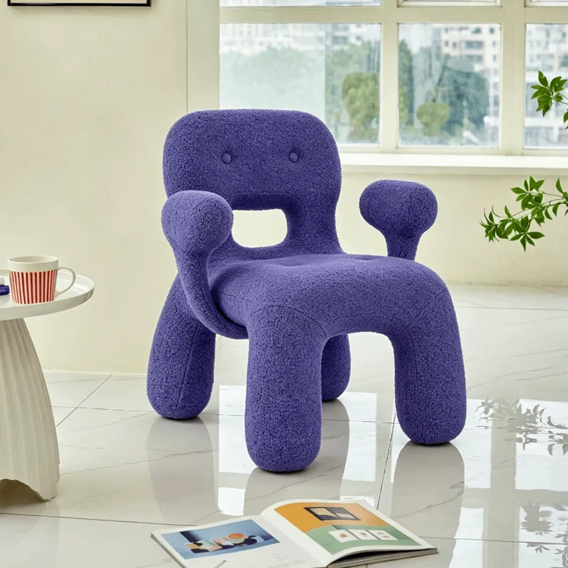 Sculptural Boucle Kids Chair With Rounded Cutout Back and Playful Colors