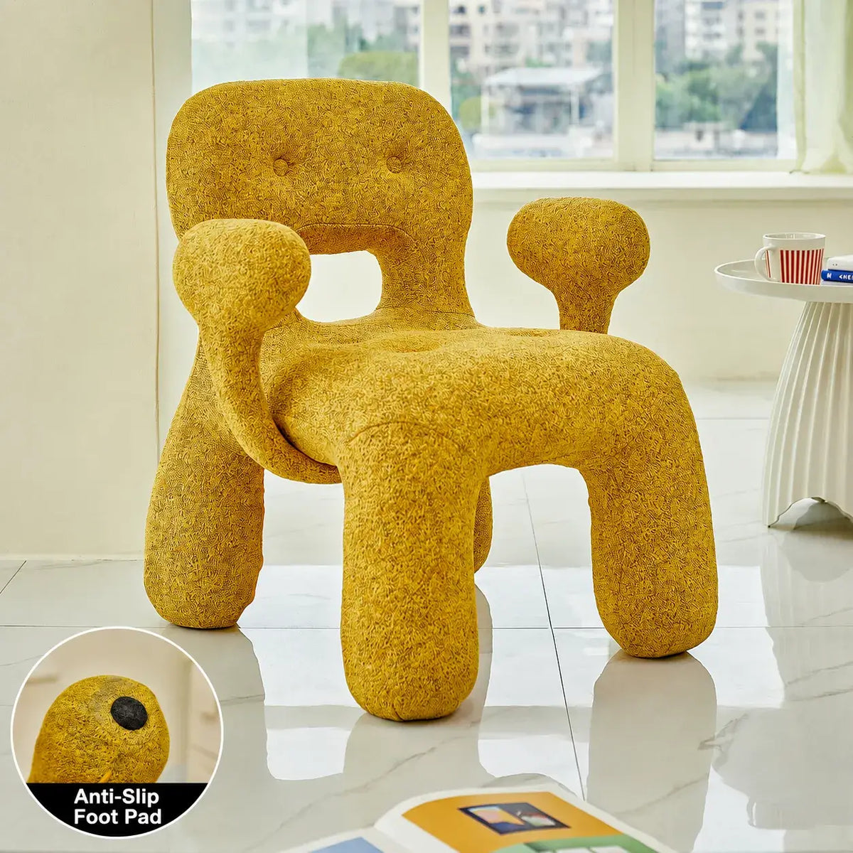 Sculptural Boucle Kids Chair With Rounded Cutout Back and Playful Colors