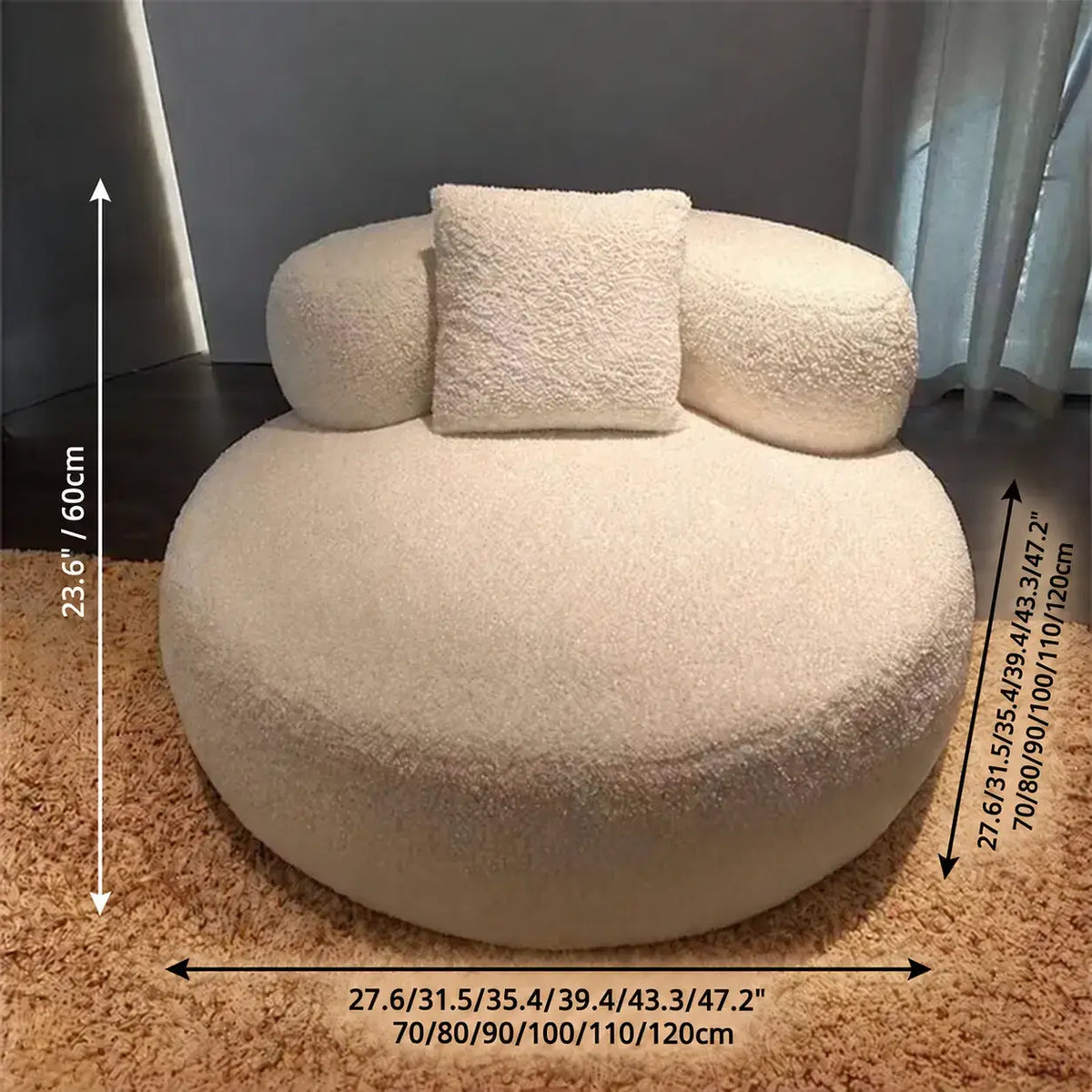 Sculptural Boucle Sofa Lounge Chair with Wide Seat and Rounded Silhouette Dimensions