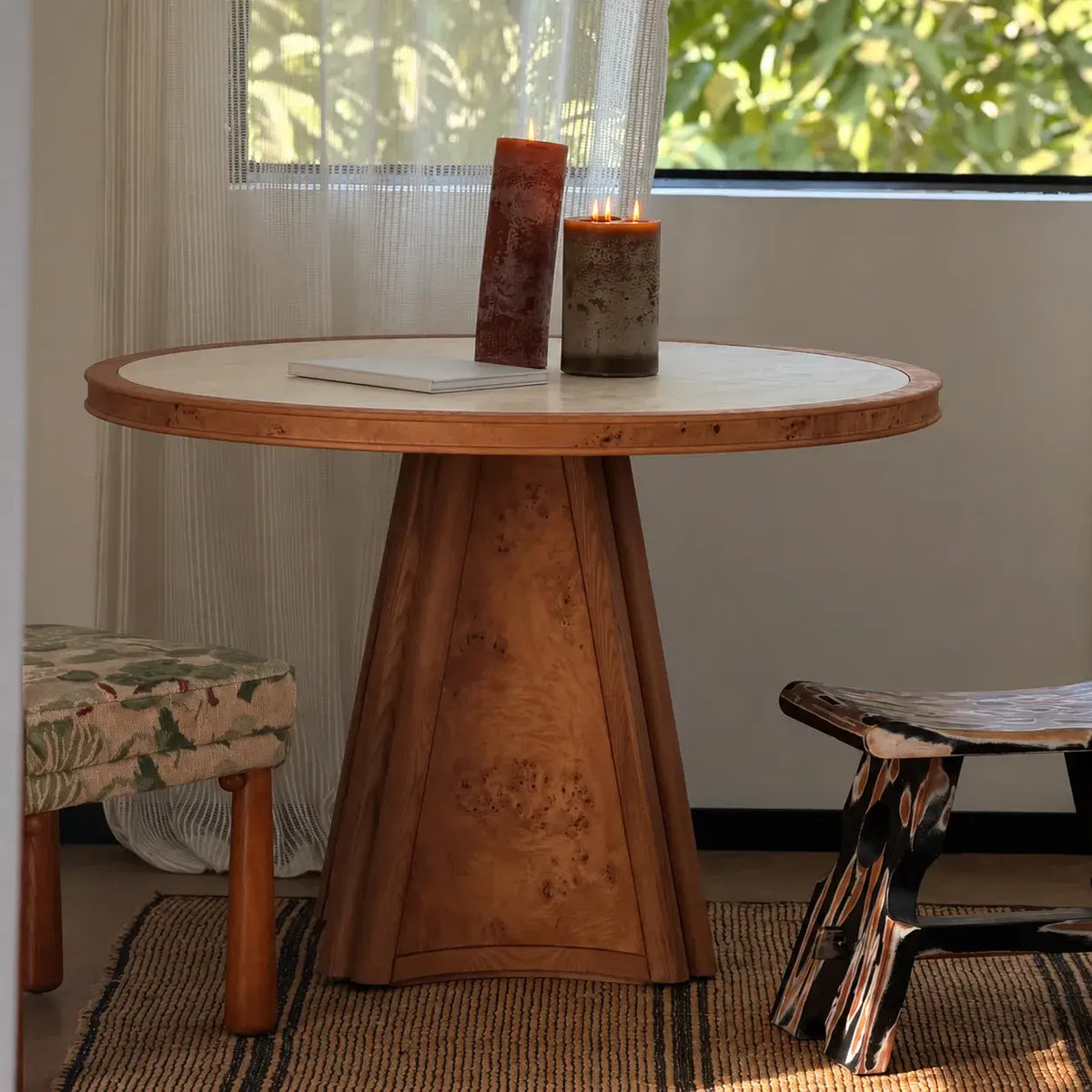 Sculptural Burlwood Dining Table With Carved Edge and Round Pedestal