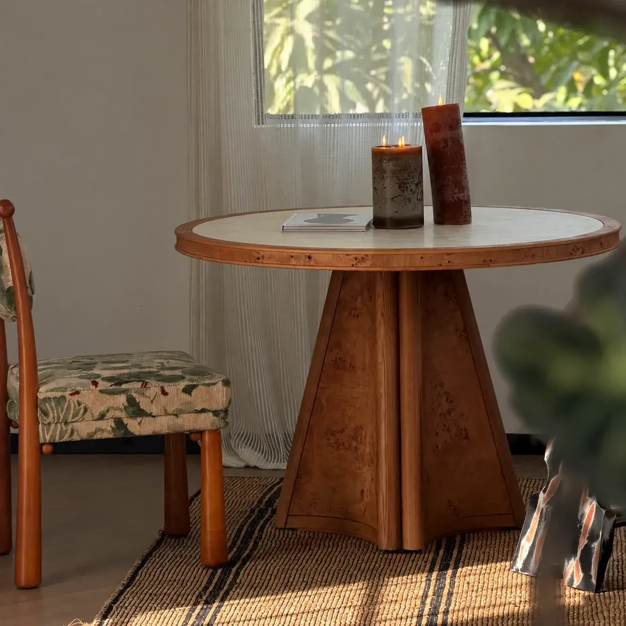 Sculptural Burlwood Dining Table With Carved Edge and Round Pedestal Secondary image