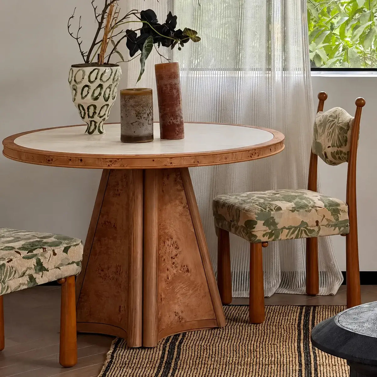 Sculptural Burlwood Dining Table With Carved Edge and Round Pedestal