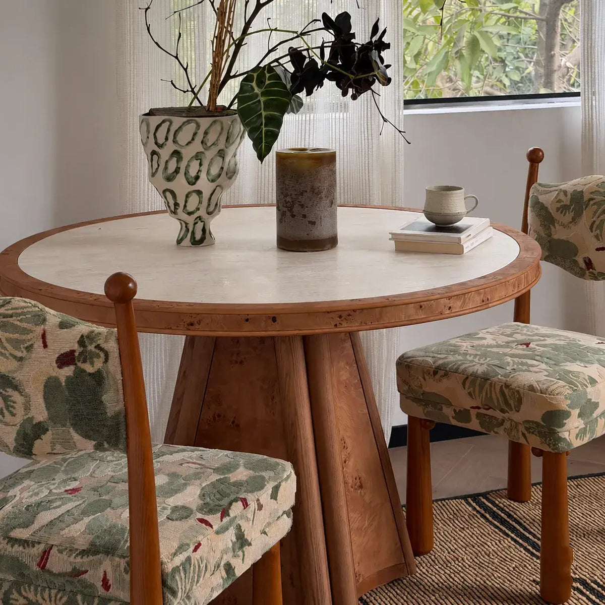 Sculptural Burlwood Dining Table With Carved Edge and Round Pedestal Main Product Image Main image