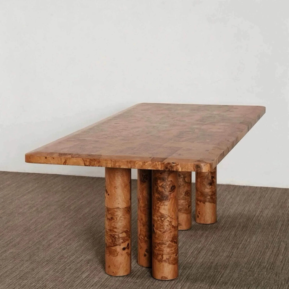 Sculptural Burlwood Dining Table with Rounded Corners and Column Base