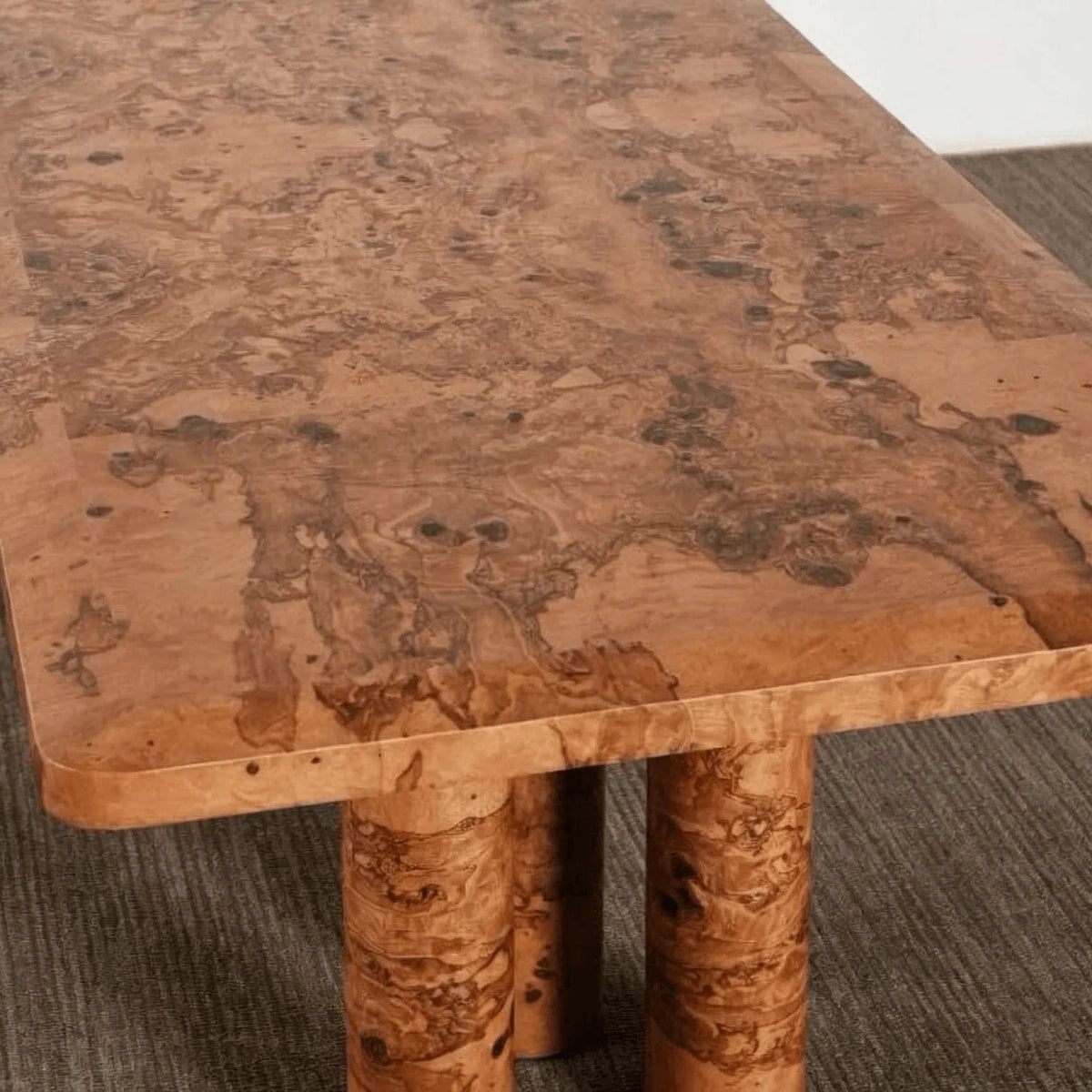Sculptural Burlwood Dining Table with Rounded Corners and Column Base