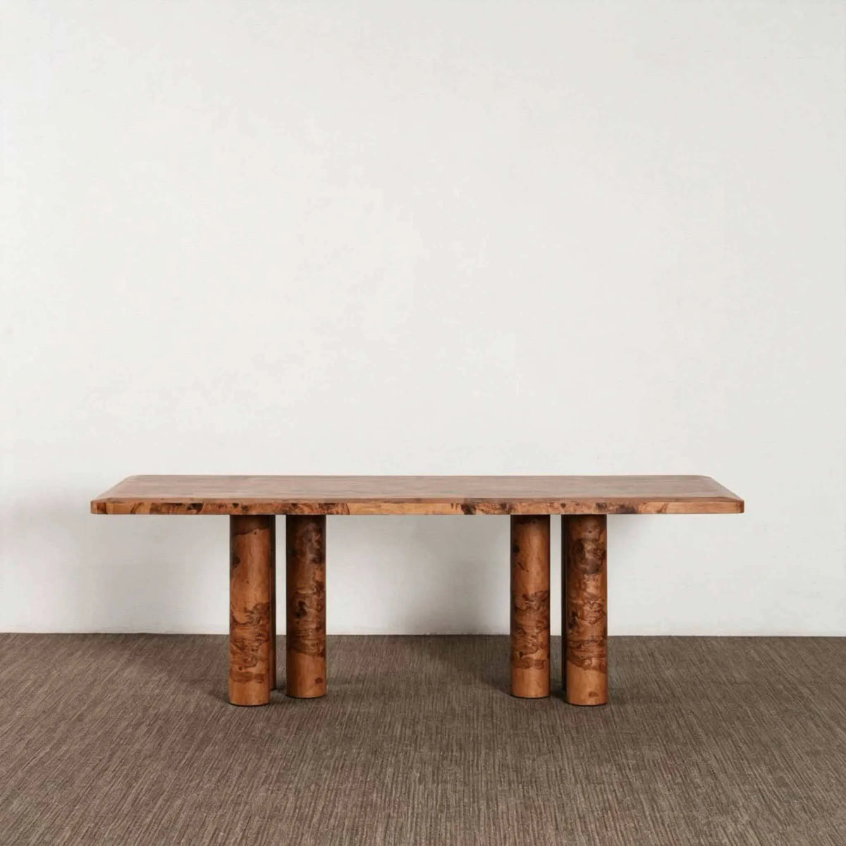 Sculptural Burlwood Dining Table with Rounded Corners and Column Base