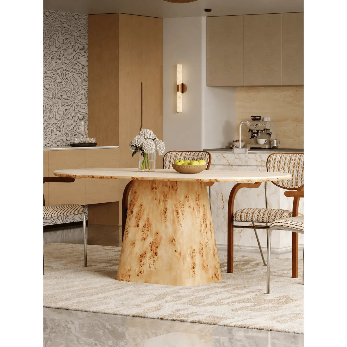 Sculptural Burlwood Dining Table With Travertine Top and Pedestal Base