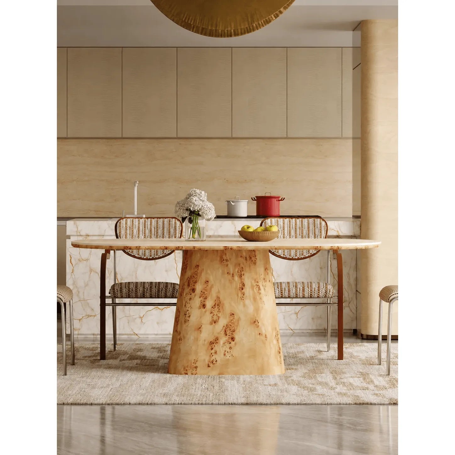 Sculptural Burlwood Dining Table With Travertine Top and Pedestal Base Secondary image