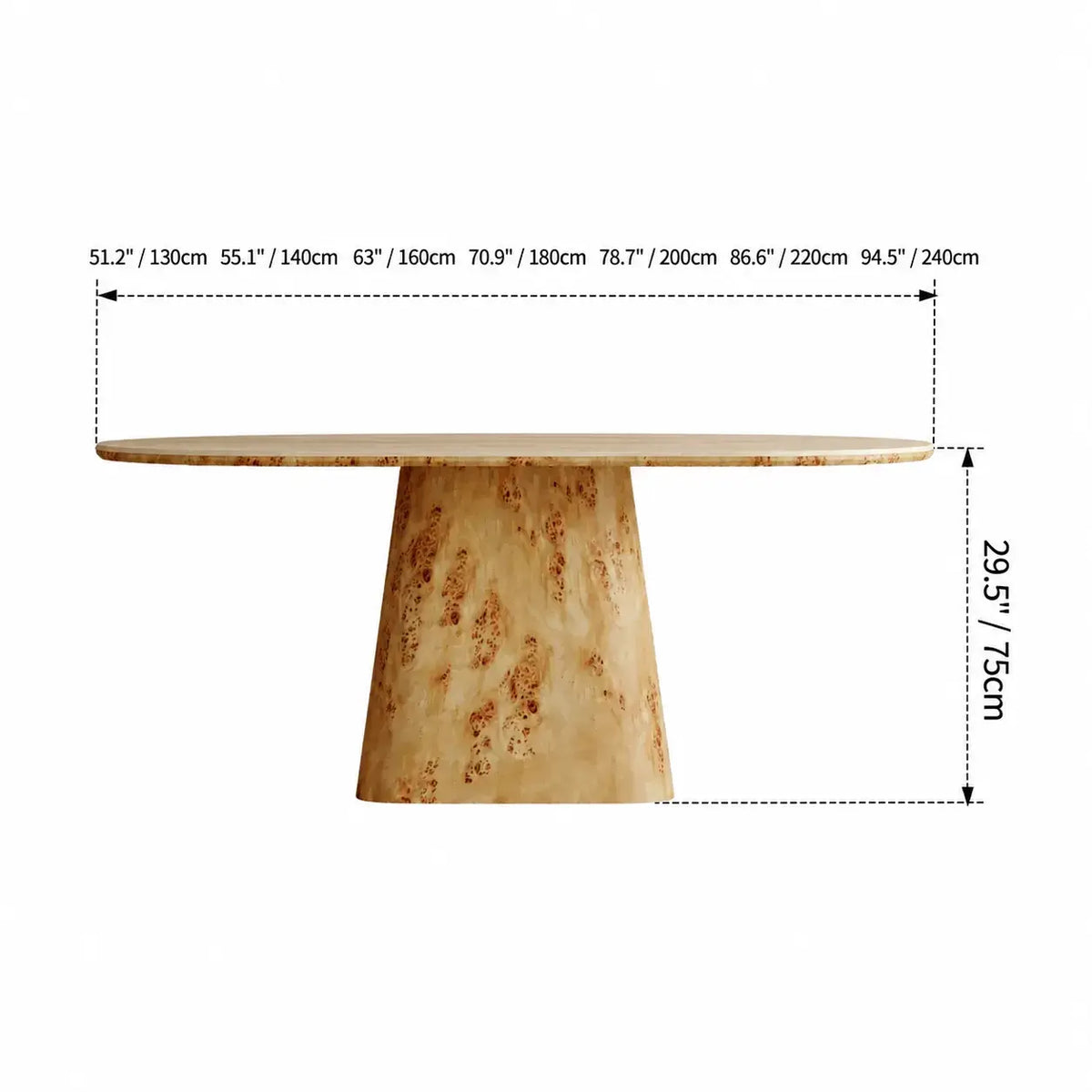 Sculptural Burlwood Dining Table With Travertine Top and Pedestal Base Dimensions