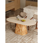 Sculptural Burlwood Dining Table With Travertine Top and Pedestal Base Main Product Image