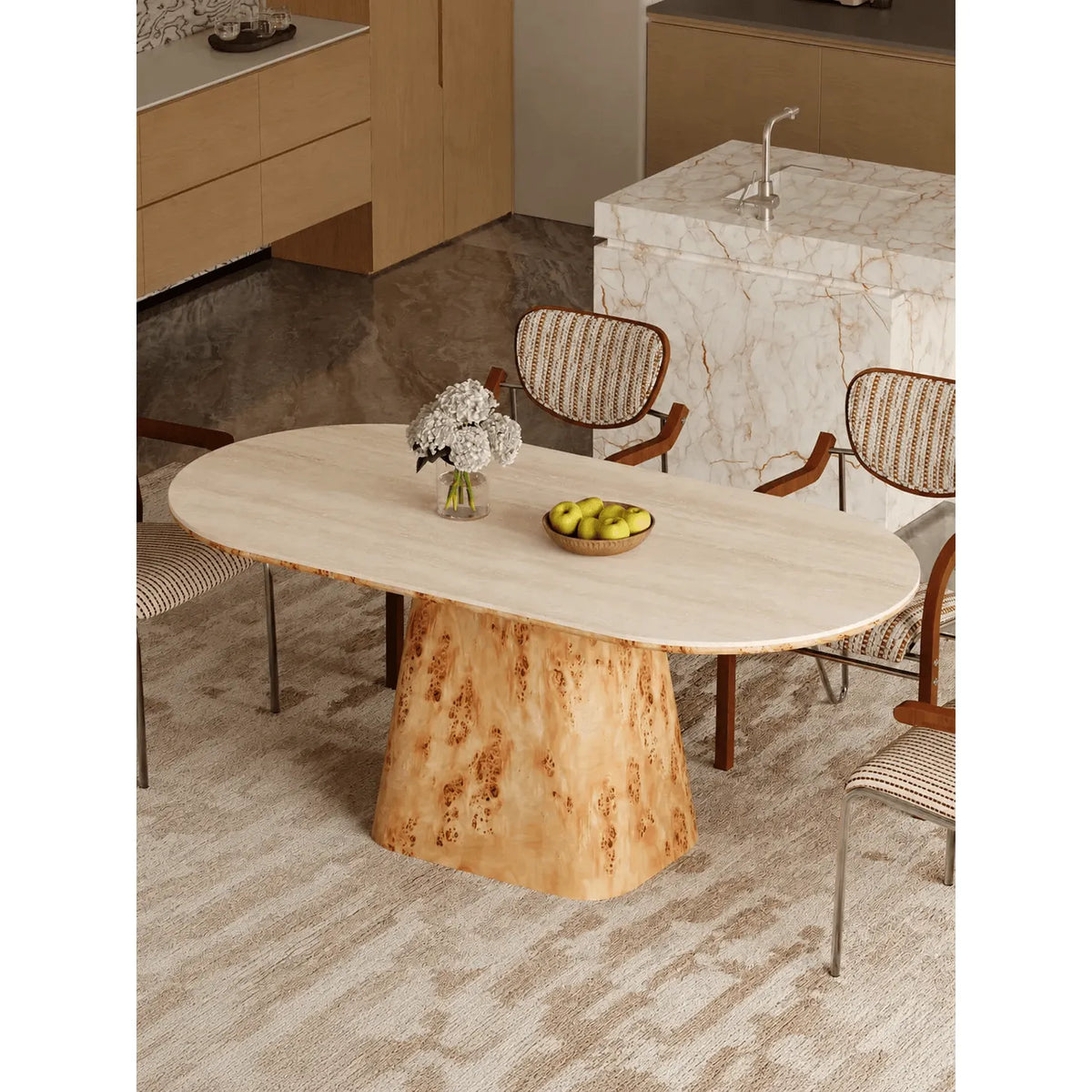 Sculptural Burlwood Dining Table With Travertine Top and Pedestal Base Main Product Image