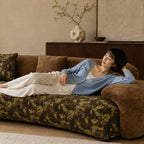 Sculptural Camo Sofa in Earth-Tone Velvet With Curved Lounge Silhouette