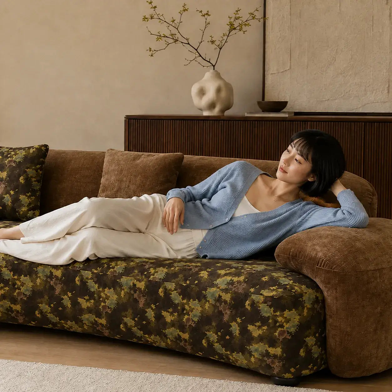 Sculptural Camo Sofa in Earth-Tone Velvet With Curved Lounge Silhouette