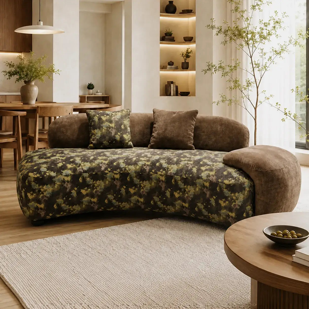 Sculptural Camo Sofa in Earth-Tone Velvet With Curved Lounge Silhouette Main Product Image