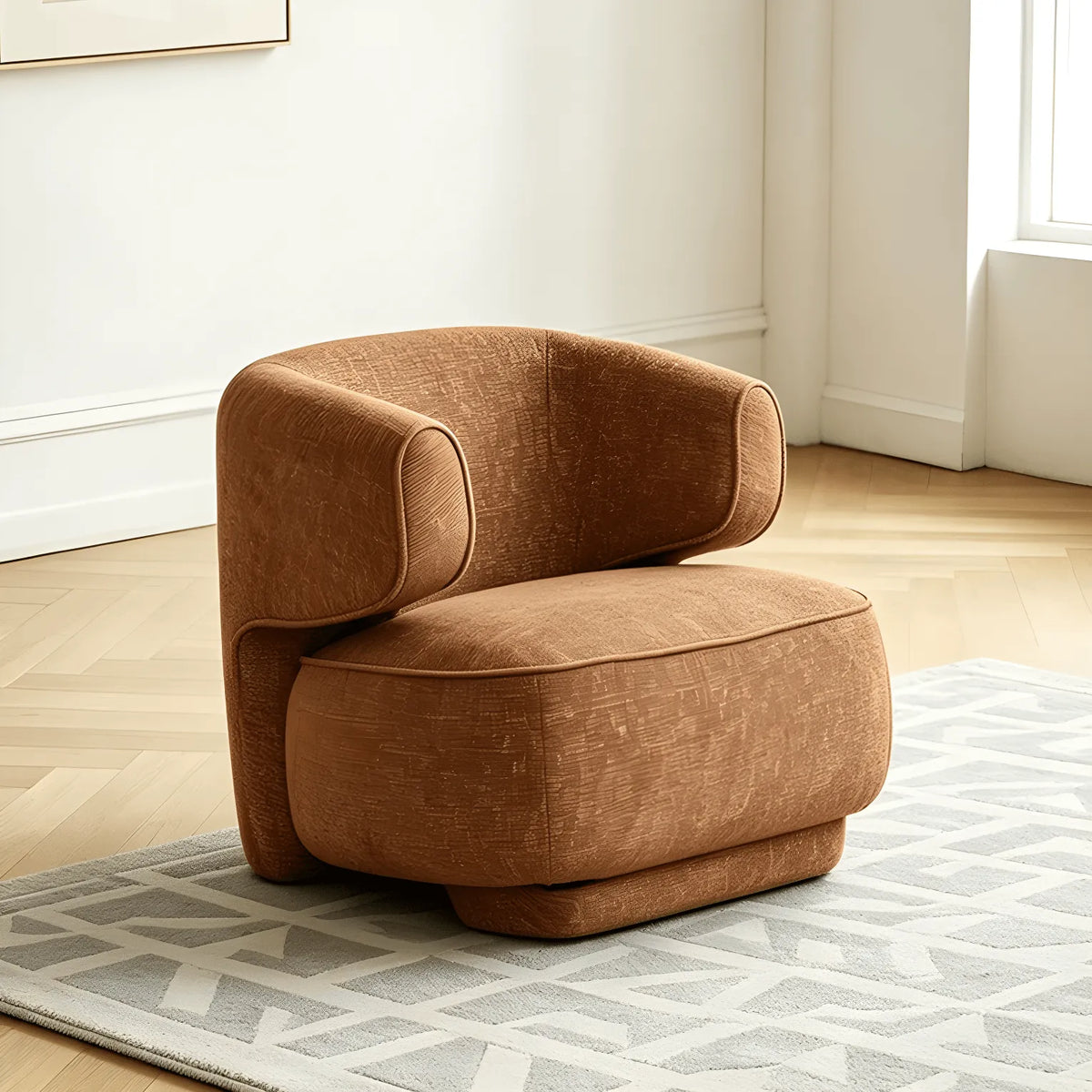 Sculptural Caramel Chenille Accent Chair with Armless Curved Silhouette Main Product Image